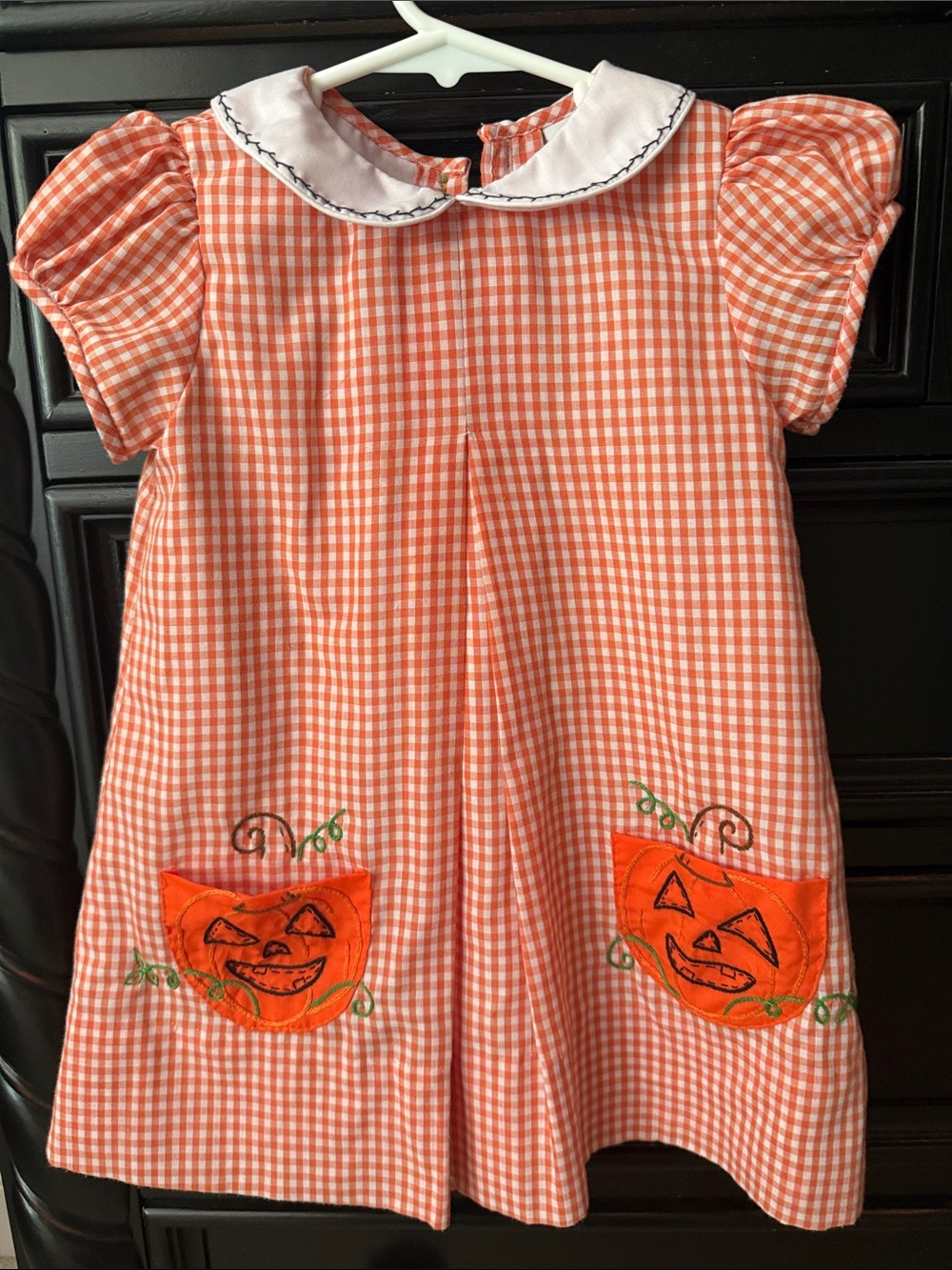 Girls Orange Gingham Pumpkin Dress with White Peter Pan Collar